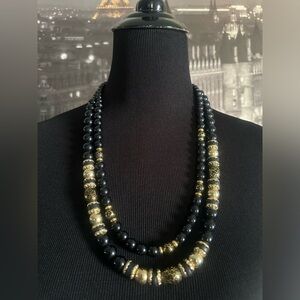 Japan Vintage 2 Strand Black/Gold Beaded Necklace 13.5”